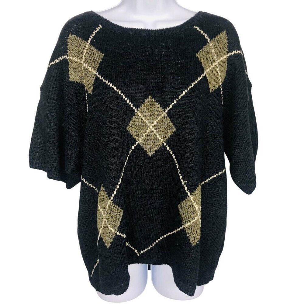 Vintage 90s Rafaella Sweater Womens Plus 1X Black Argyle Short Sleeve New